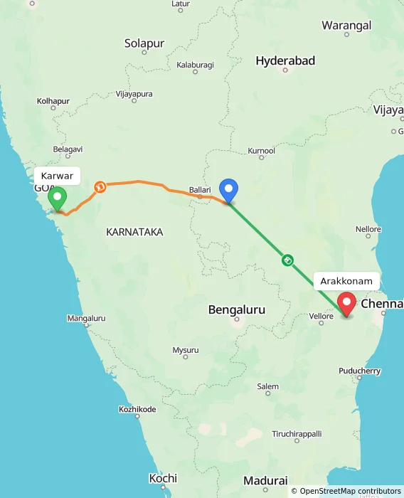 Route map showing distance and travel time from Karwar, India to Arakkonam, India
