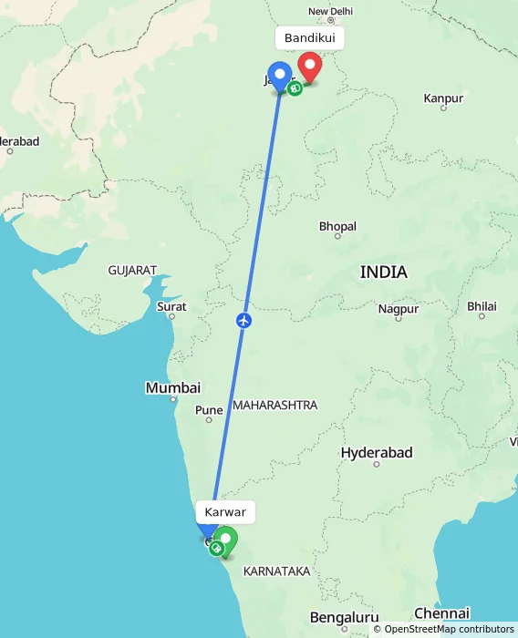 Route map showing distance and travel time from Karwar, India to Bandikui, India