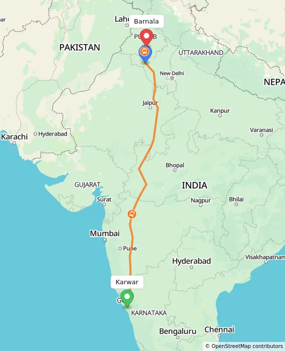 Route map showing distance and travel time from Karwar, India to Barnala, India