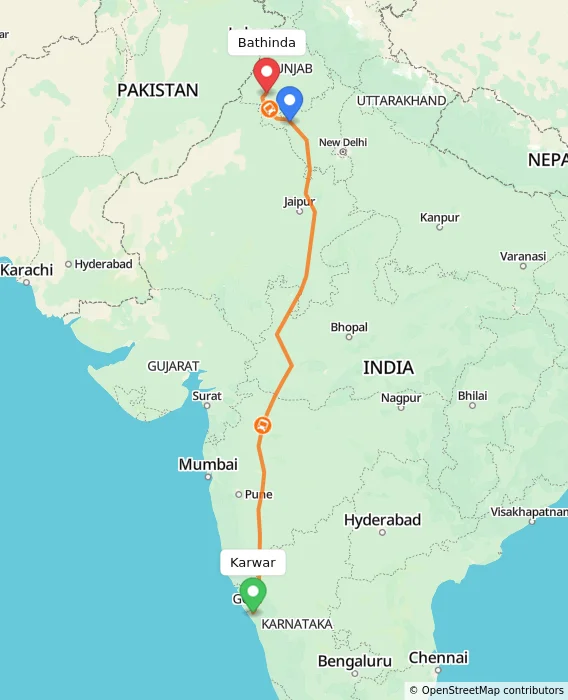 Route map showing distance and travel time from Karwar, India to Bathinda, India
