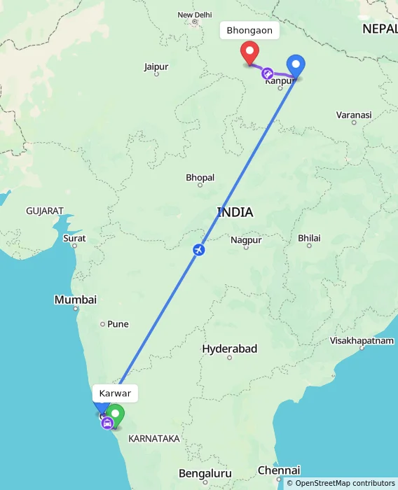 Route map showing distance and travel time from Karwar, India to Bhongaon, India