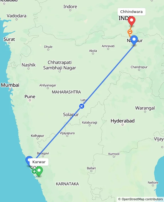 Route map showing distance and travel time from Karwar, India to Chhindwara, India
