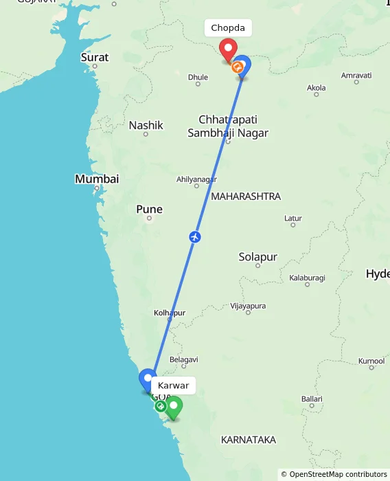 Route map showing distance and travel time from Karwar, India to Chopda, India