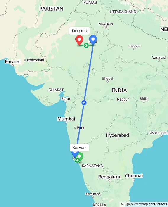 Route map showing distance and travel time from Karwar, India to Degana, India