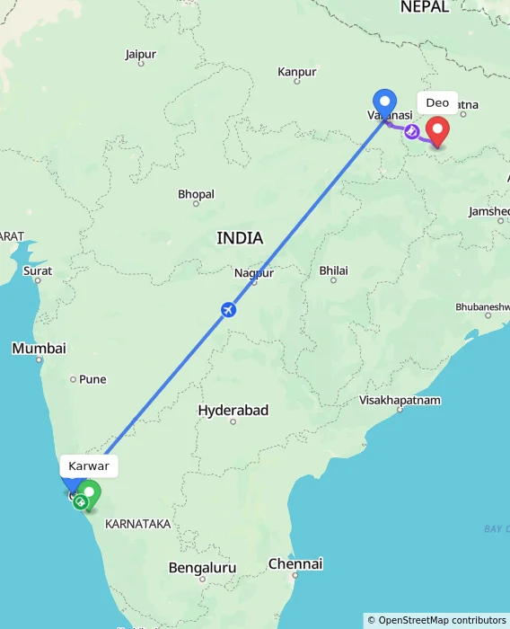 Route map showing distance and travel time from Karwar, India to Deo, India