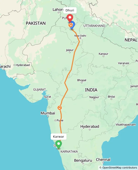 Route map showing distance and travel time from Karwar, India to Dhuri, India