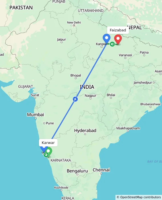 Route map showing distance and travel time from Karwar, India to Faizabad, India