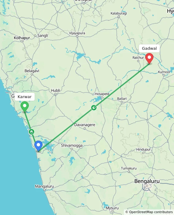 Route map showing distance and travel time from Karwar, India to Gadwal, India