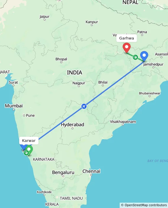 Route map showing distance and travel time from Karwar, India to Garhwa, India