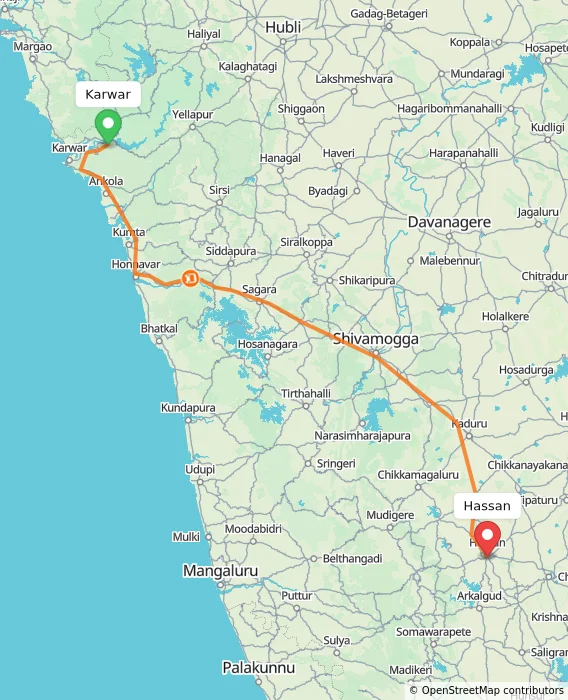 Route map showing distance and travel time from Karwar, India to Hassan, India