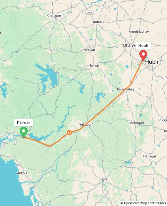 Route map showing distance and travel time from Karwar, India to Hubli, India
