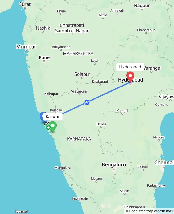 Route map showing distance and travel time from Karwar, India to Hyderabad, India