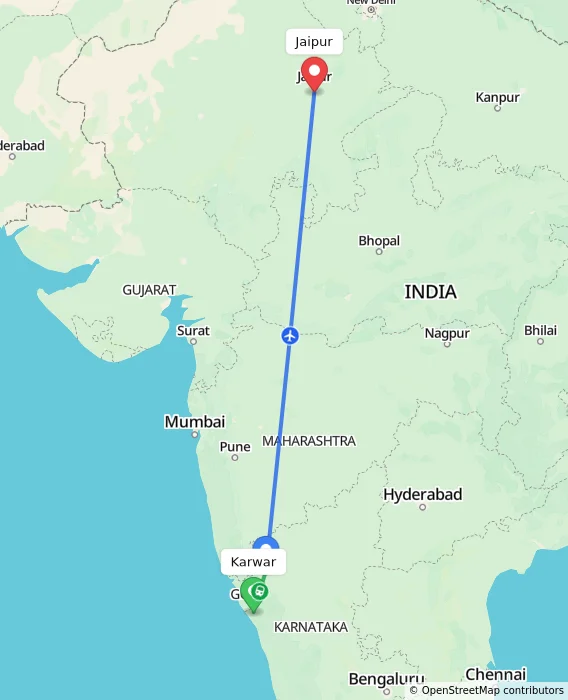 Route map showing distance and travel time from Karwar, India to Jaipur, India