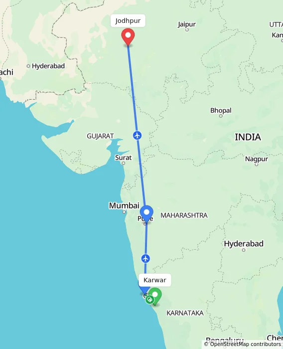 Route map showing distance and travel time from Karwar, India to Jodhpur, India