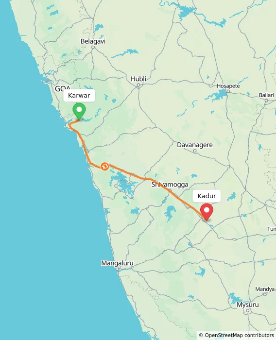 Route map showing distance and travel time from Karwar, India to Kadur, India