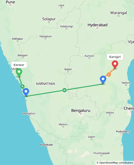 Route map showing distance and travel time from Karwar, India to Kanigiri, India