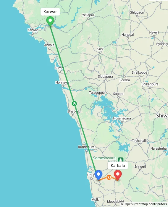 Route map showing distance and travel time from Karwar, India to Karkala, India