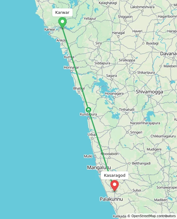 Route map showing distance and travel time from Karwar, India to Kasaragod, India