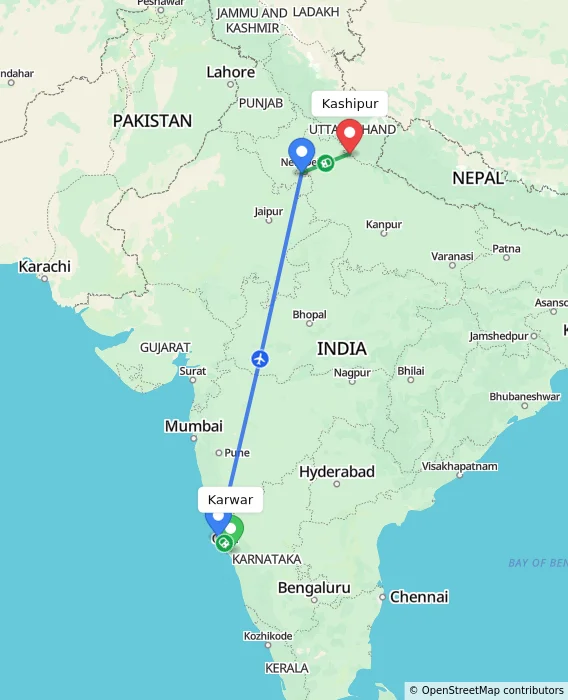 Route map showing distance and travel time from Karwar, India to Kashipur, India