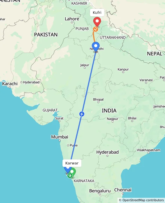 Route map showing distance and travel time from Karwar, India to Kufri, India