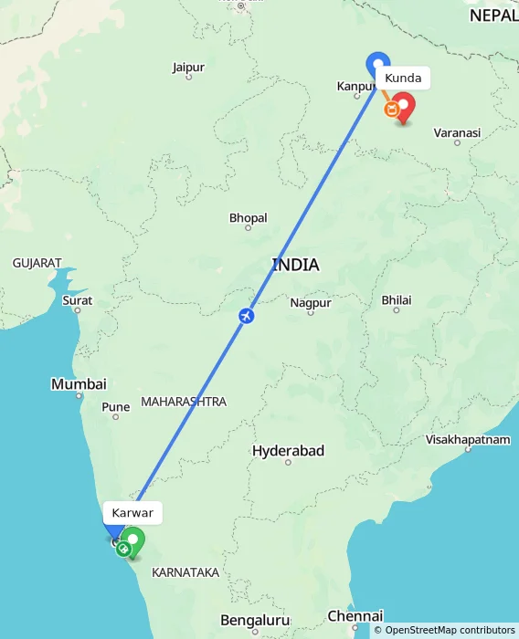Route map showing distance and travel time from Karwar, India to Kunda, India