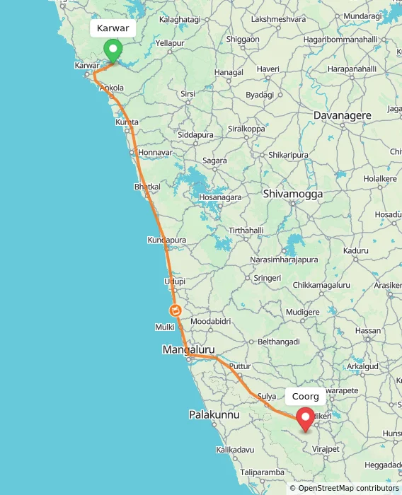Route map showing distance and travel time from Karwar, India to Madikeri, India