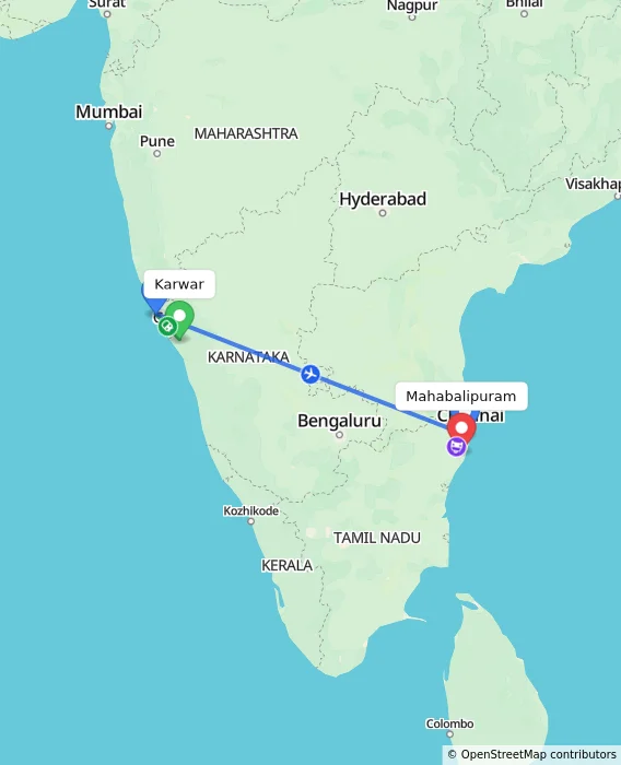 Route map showing distance and travel time from Karwar, India to Mahabalipuram, India