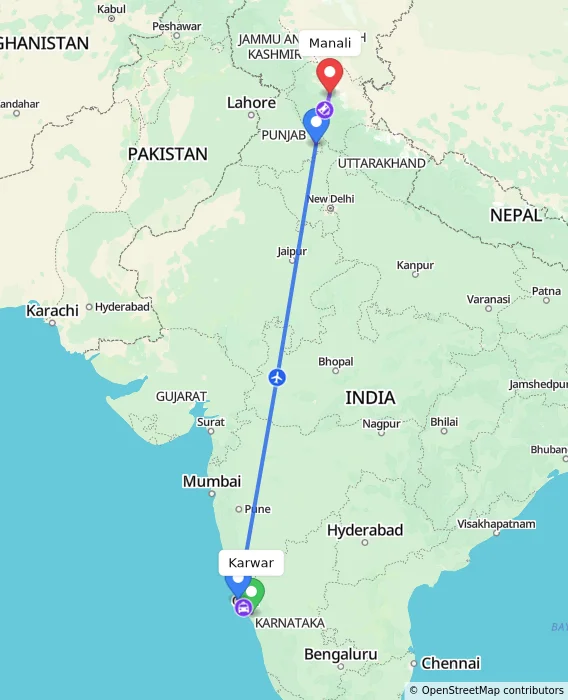Route map showing distance and travel time from Karwar, India to Manali, India