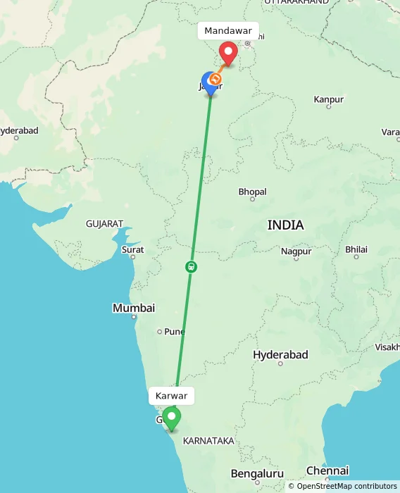 Route map showing distance and travel time from Karwar, India to Mandawar, India