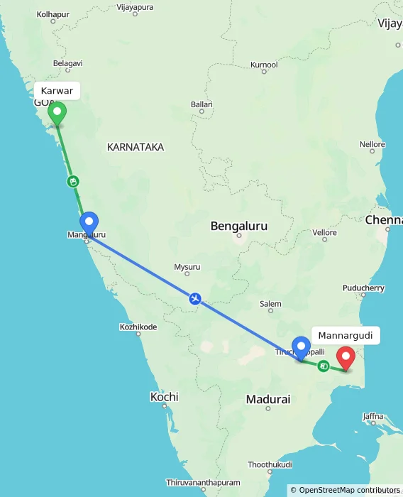 Route map showing distance and travel time from Karwar, India to Mannargudi, India