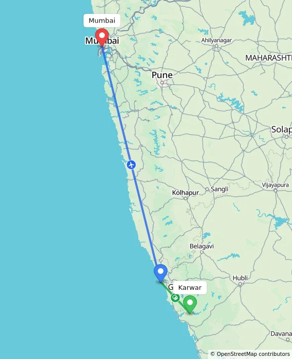 Route map showing distance and travel time from Karwar, India to Mumbai, India