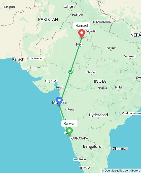 Route map showing distance and travel time from Karwar, India to Narnaul, India