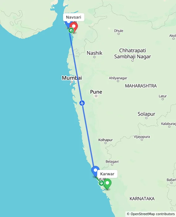 Route map showing distance and travel time from Karwar, India to Navsari, India