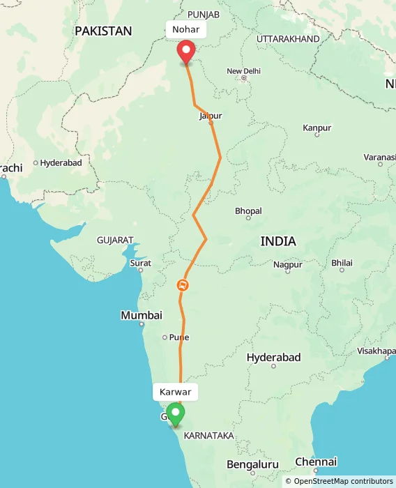 Route map showing distance and travel time from Karwar, India to Nohar, India