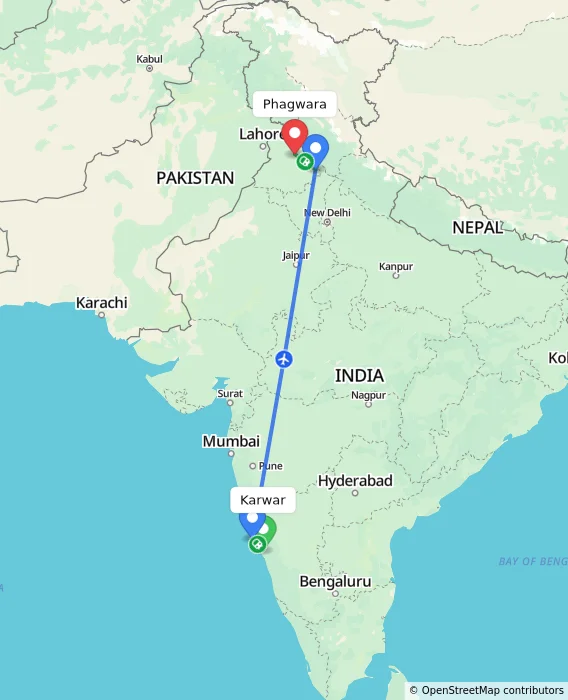 Route map showing distance and travel time from Karwar, India to Phagwara, India