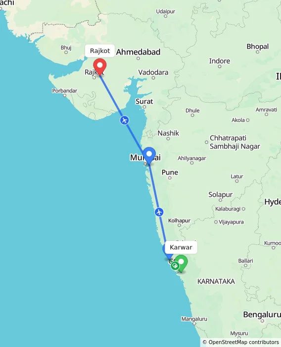 Route map showing distance and travel time from Karwar, India to Rajkot, India