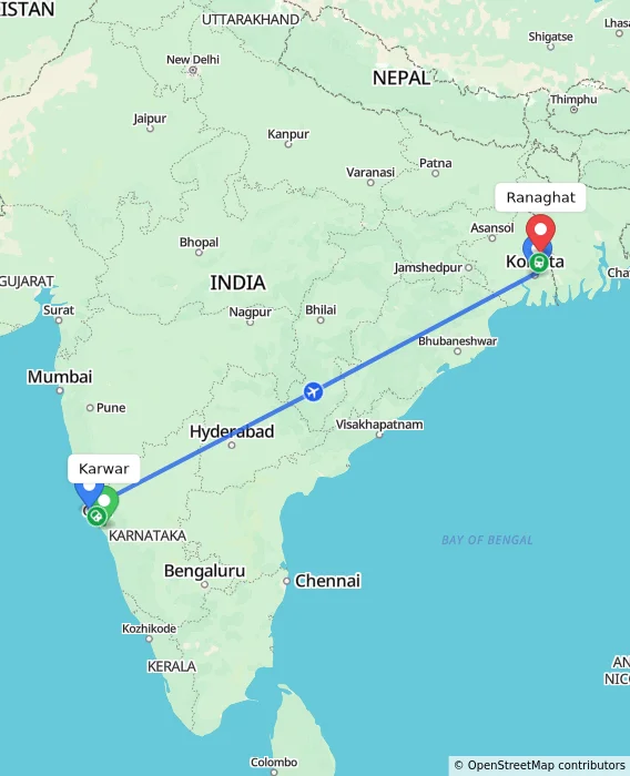 Route map showing distance and travel time from Karwar, India to Ranaghat, India