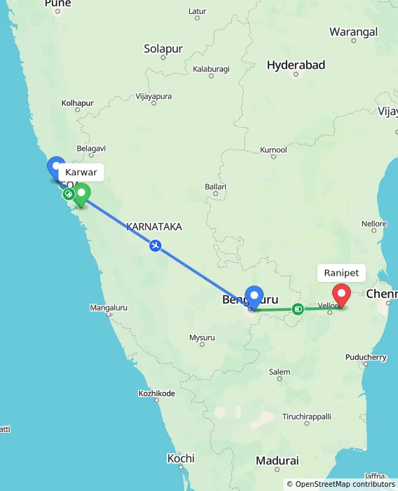 Route map showing distance and travel time from Karwar, India to Ranipet, India