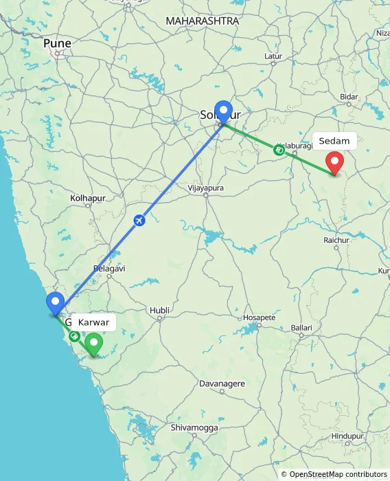 Route map showing distance and travel time from Karwar, India to Sedam, India