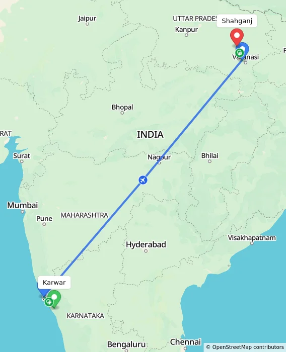 Route map showing distance and travel time from Karwar, India to Shahganj, India