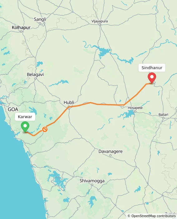 Route map showing distance and travel time from Karwar, India to Sindhanur, India