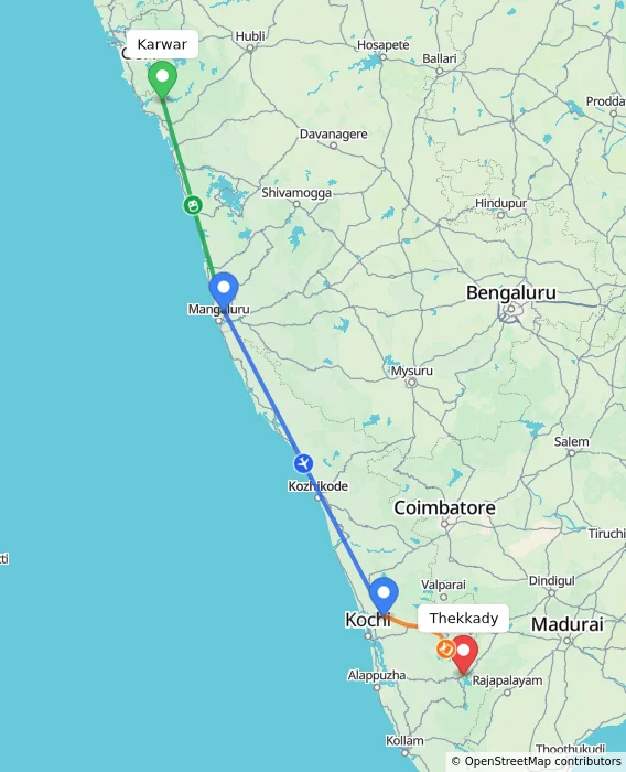 Route map showing distance and travel time from Karwar, India to Thekkady, India