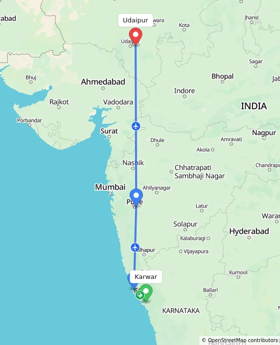 Route map showing distance and travel time from Karwar, India to Udaipur, India