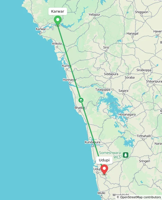 Route map showing distance and travel time from Karwar, India to Udupi, India