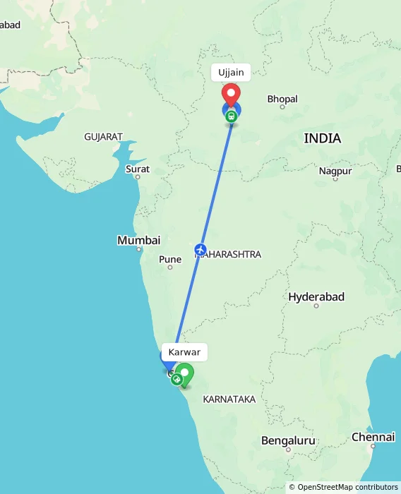 Route map showing distance and travel time from Karwar, India to Ujjain, India