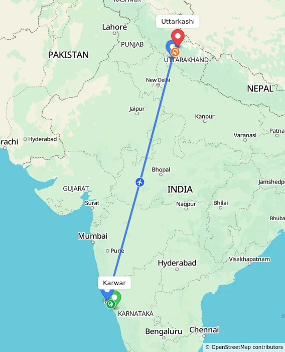 Route map showing distance and travel time from Karwar, India to Uttarkashi, India