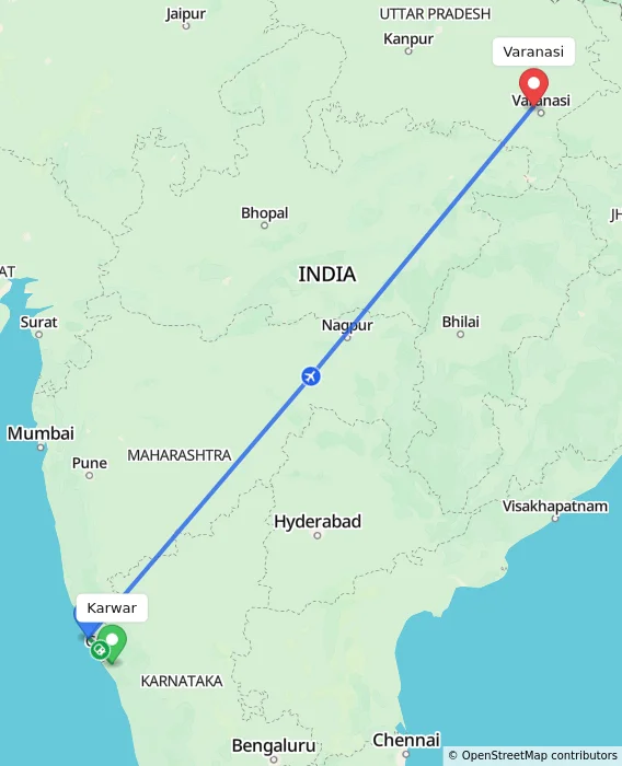 Route map showing distance and travel time from Karwar, India to Varanasi, India