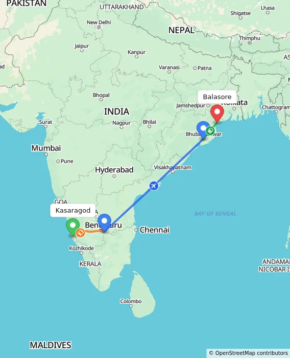 Route map showing distance and travel time from Kasaragod, India to Balasore, India