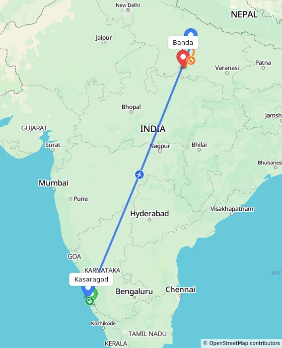 Route map showing distance and travel time from Kasaragod, India to Banda, India