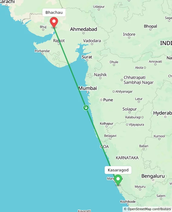 Route map showing distance and travel time from Kasaragod, India to Bhachau, India